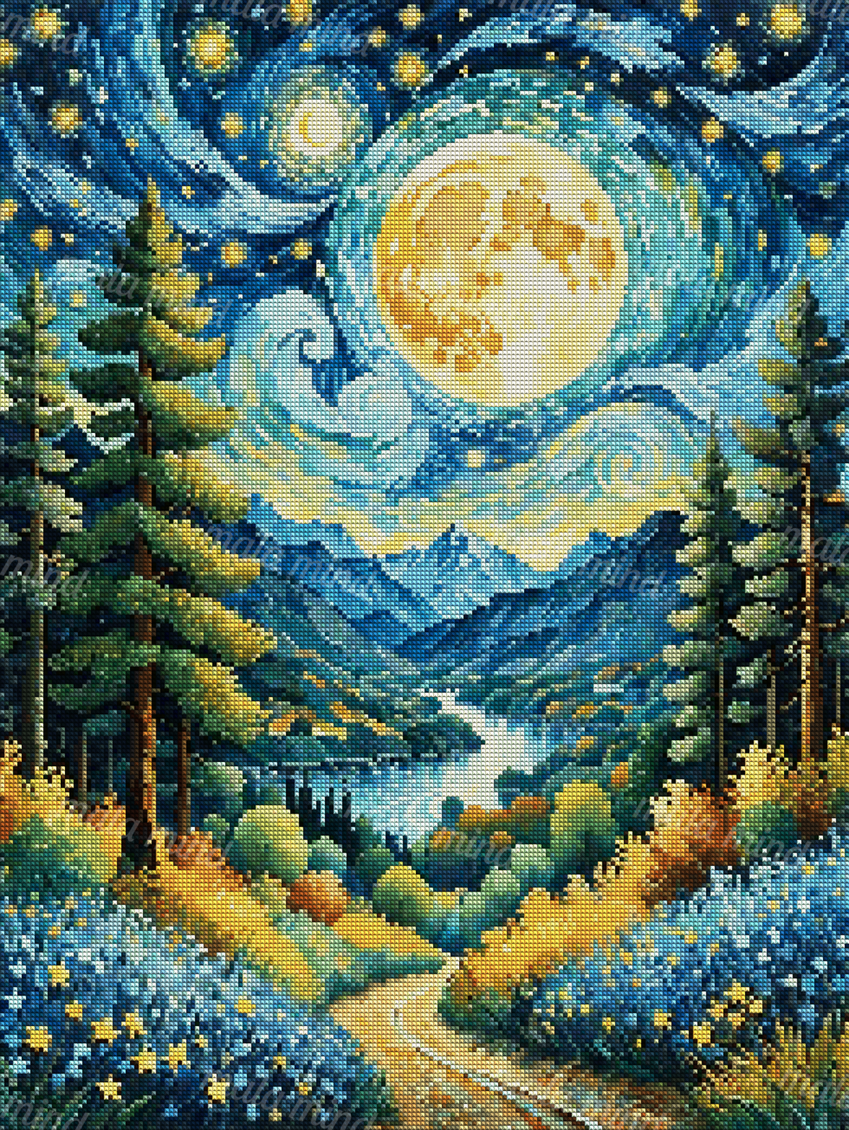 Painterly moonlit mountain valley with glowing moons, lake, evergreen trees, stars, flowers, and a winding path — 04_diamond_render