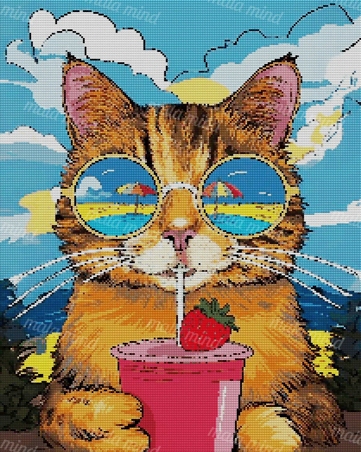 Orange tabby cat in blue sunglasses sipping a pink strawberry drink against a beach scene — 04_diamond_render