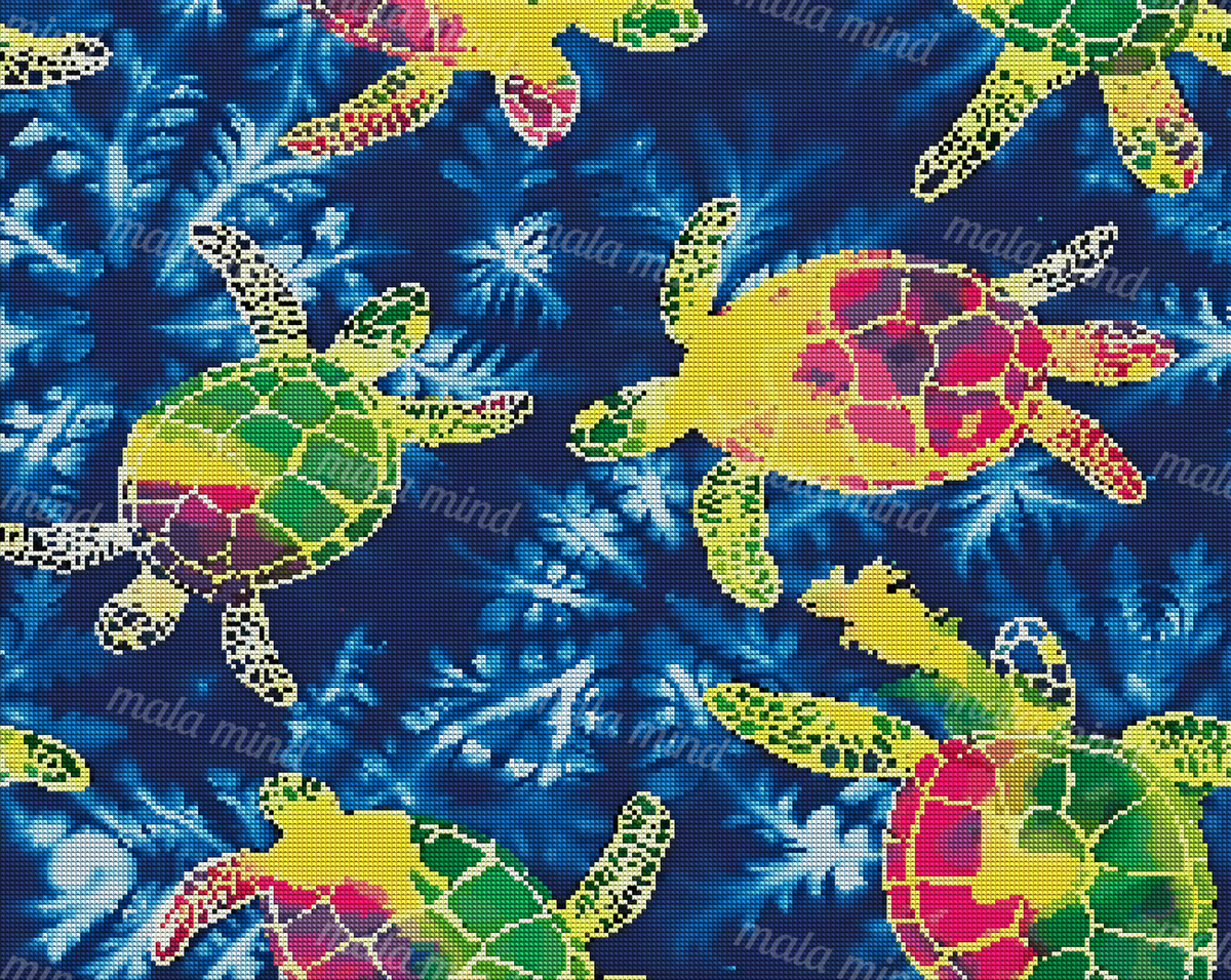 Colorful patterned sea turtles glide through deep blue water with blurred aquatic foliage. — 04_diamond_render