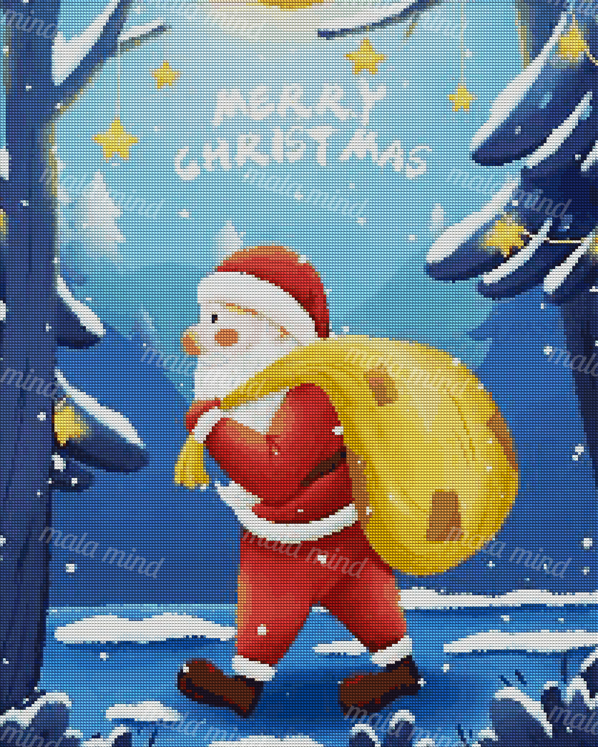 Cartoon Santa carries a large yellow sack through a snowy evergreen forest beneath a Merry Christmas greeting. — 04_diamond_render