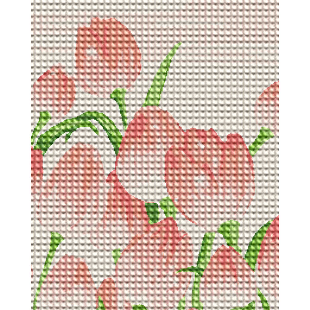 Overlapping coral pink tulips with green stems and leaves on a cream background — 04_diamond_render