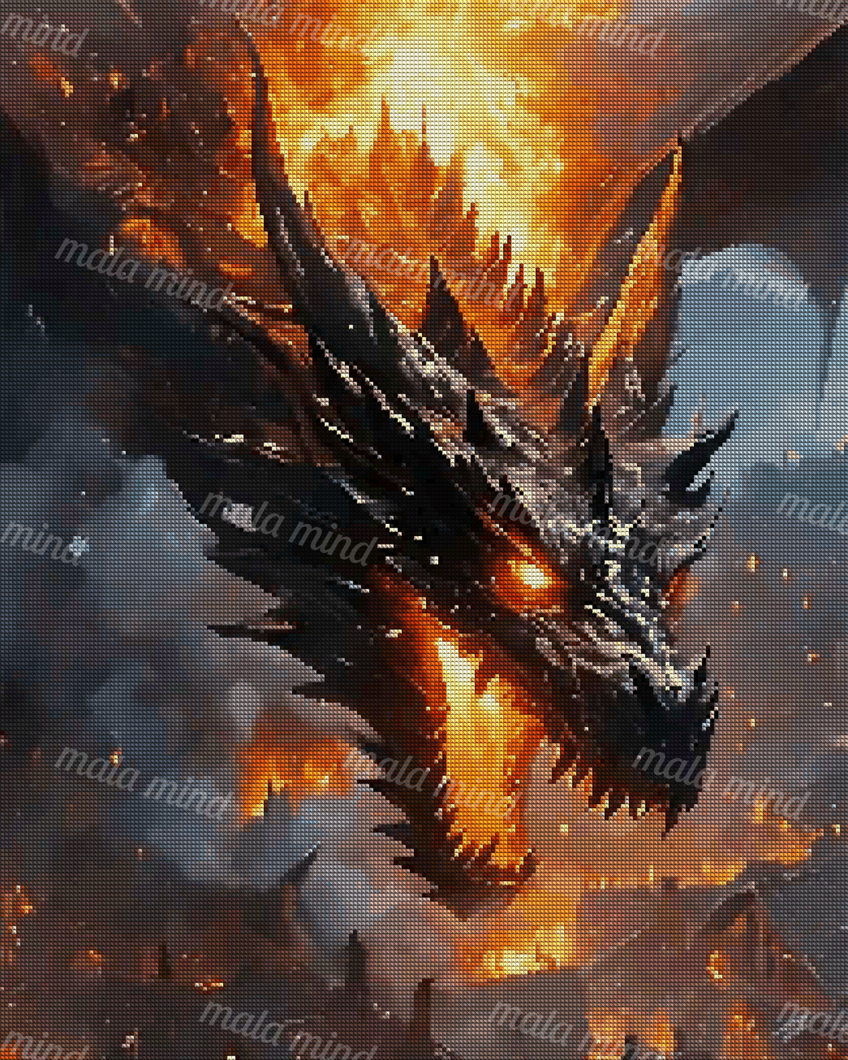 Black dragon with a glowing eye surrounded by flames, smoke, and burning structures — 04_diamond_render