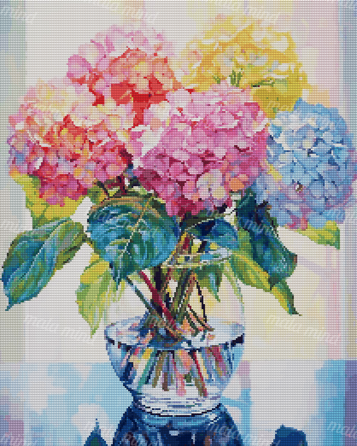 Colorful pink, yellow, and blue hydrangeas with green leaves in a reflective glass vase — 04_diamond_render