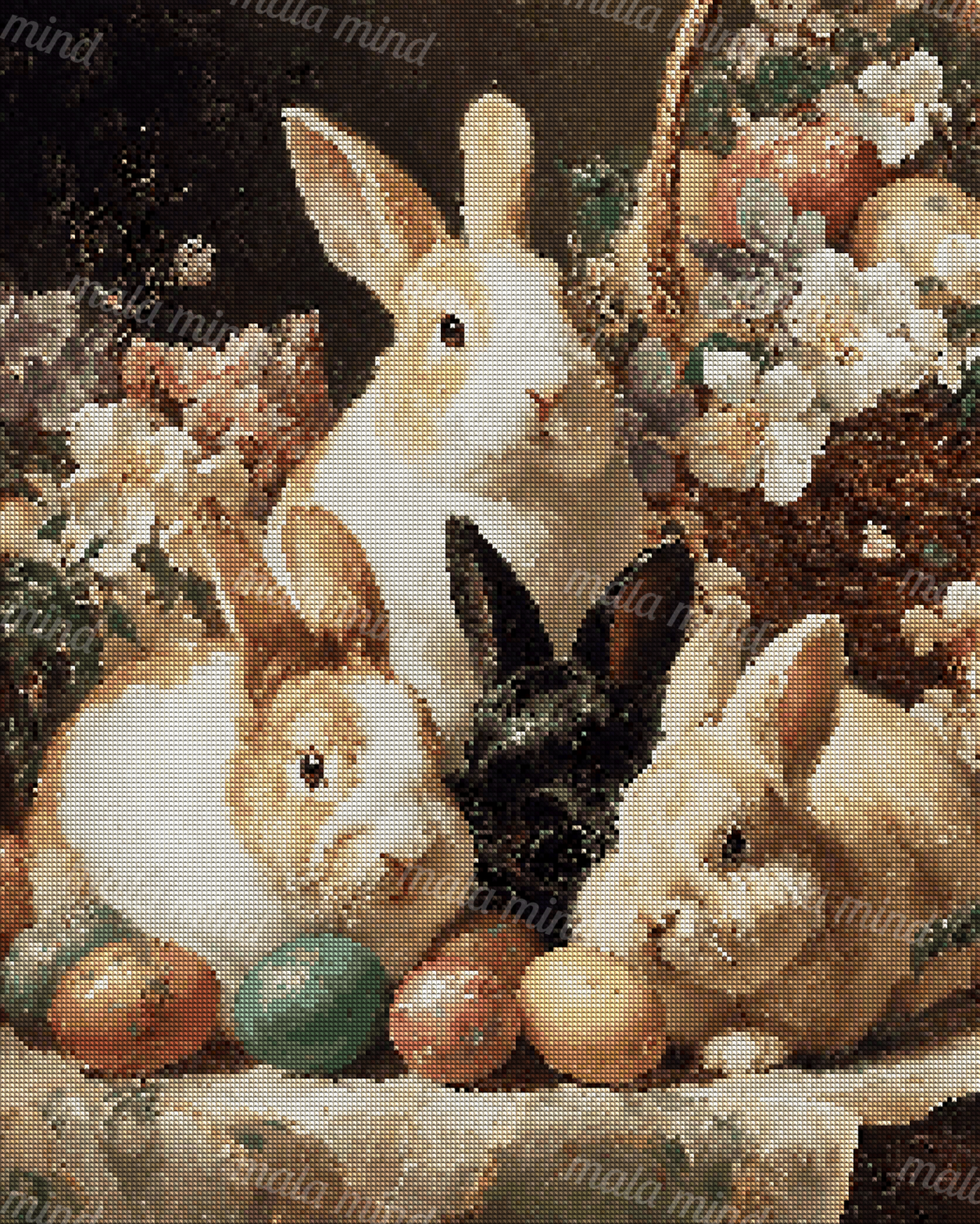 Four rabbits surrounded by flowers, a basket, and colorful painted eggs — 04_diamond_render