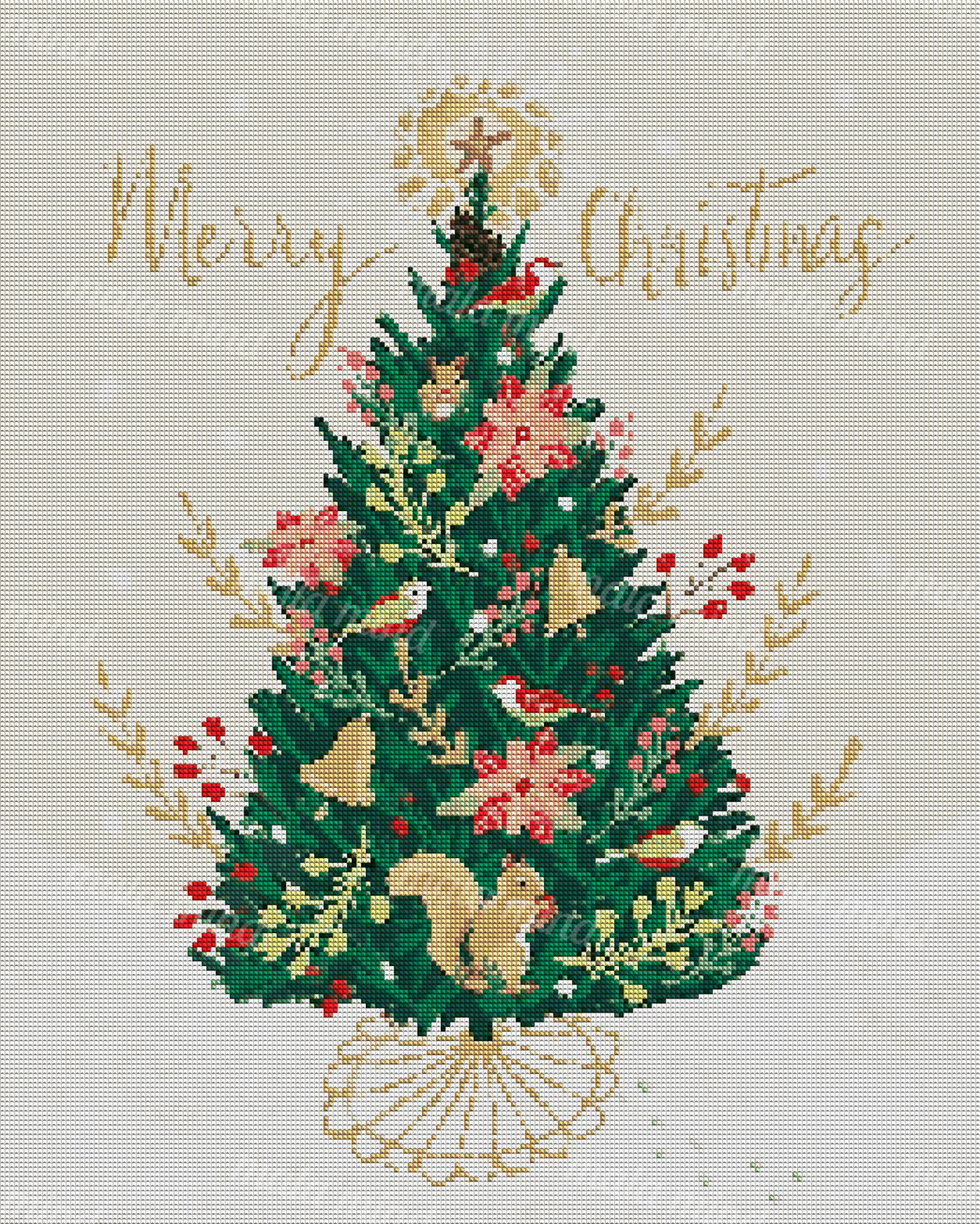 Decorated Christmas tree with birds, squirrels, poinsettias, berries, bells, and Merry Christmas lettering — 04_diamond_render