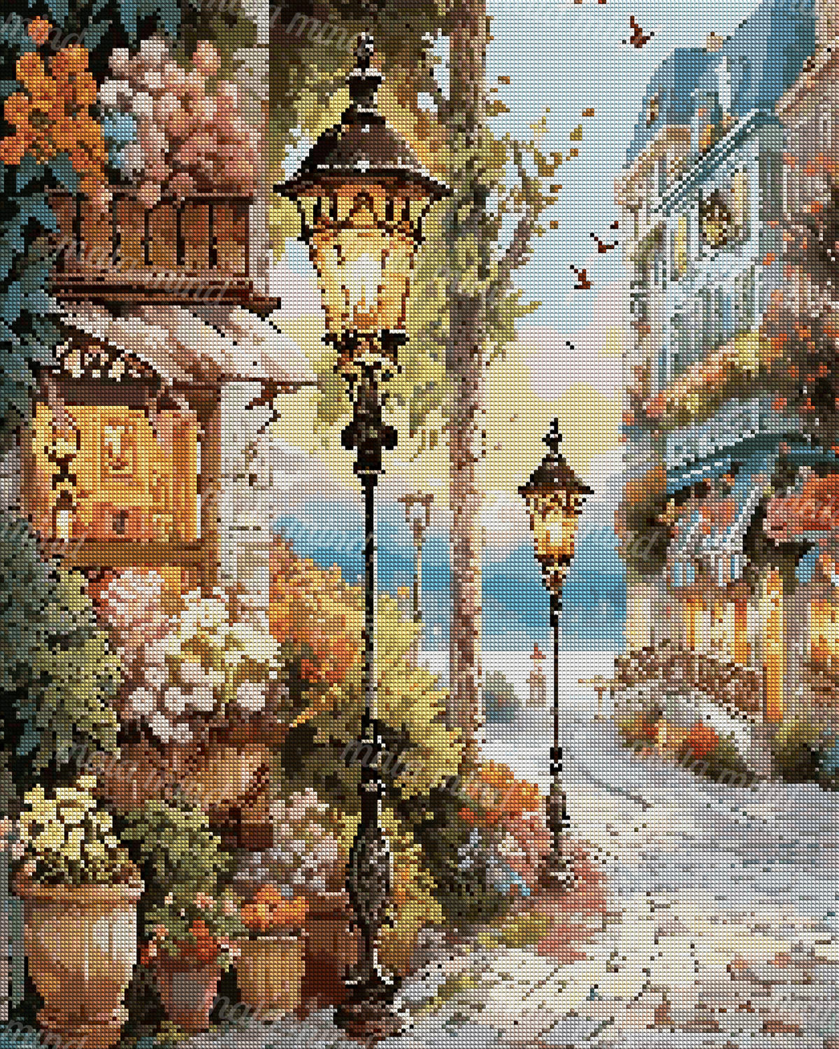 Flower-filled cobblestone street with glowing ornate lamps, buildings, trees, birds, and distant blue hills — 04_diamond_render