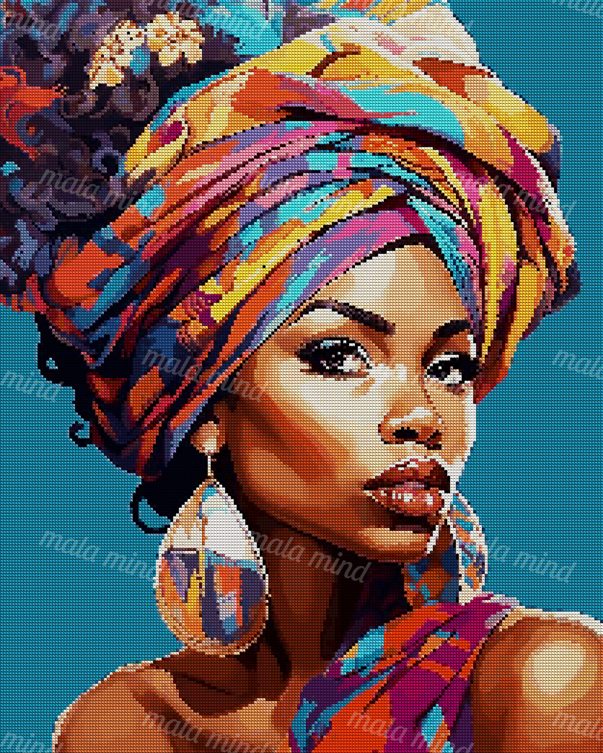 Colorful close-up portrait of a woman wearing a patterned headwrap and large geometric earrings — 04_diamond_render