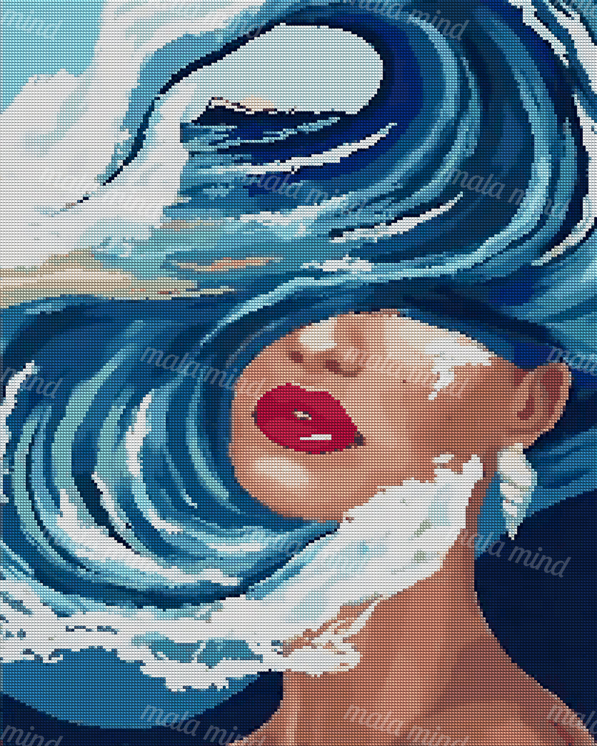 Stylized woman’s face surrounded by a large curling blue ocean wave with white foam — 04_diamond_render