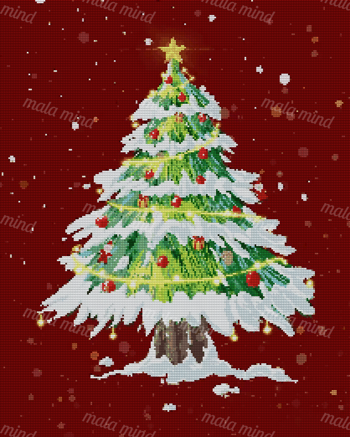 Snow-covered Christmas tree with glowing lights, red ornaments, gifts, and a gold star on a red background — 04_diamond_render