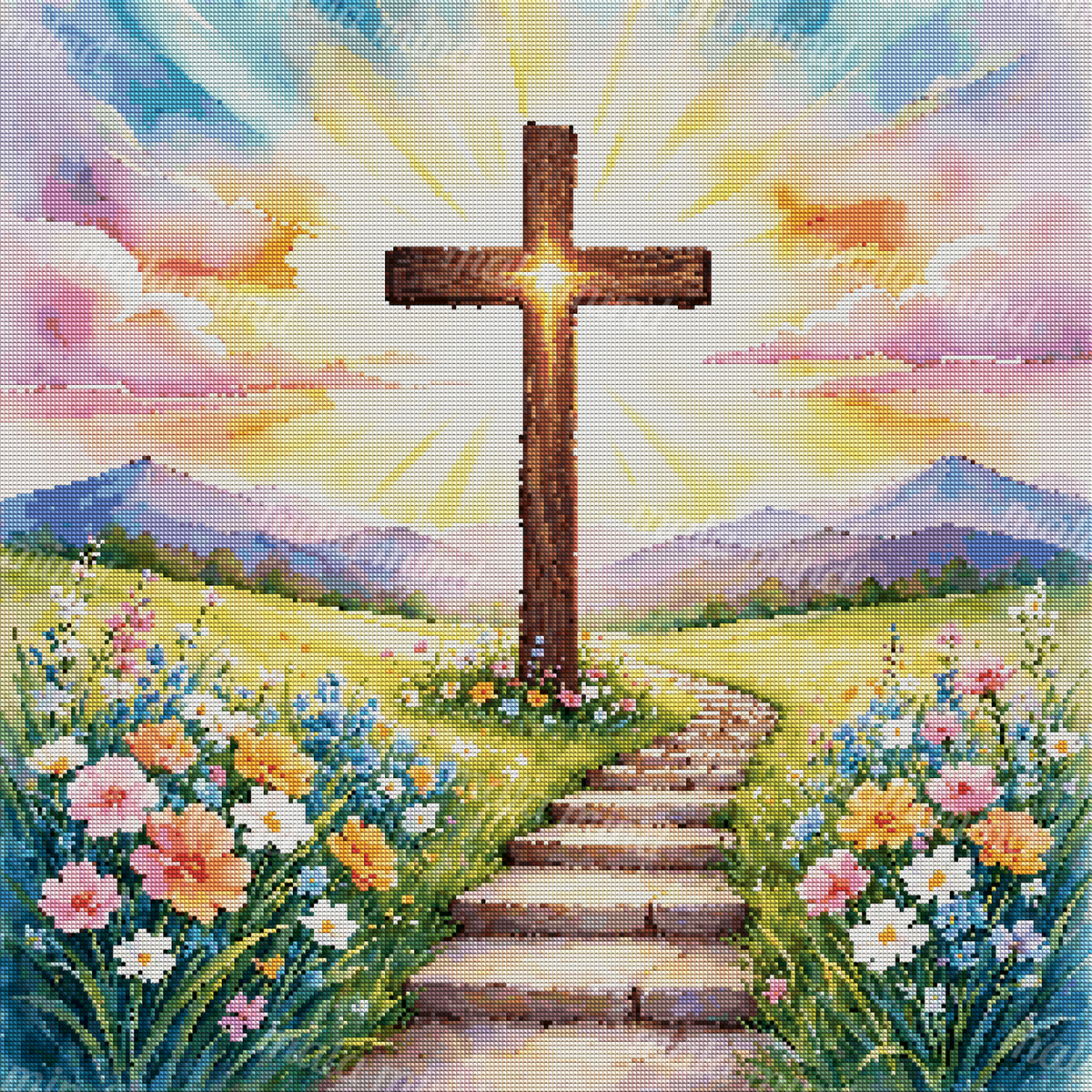 Watercolor wooden cross glowing above a wildflower meadow and stone path with mountains in the background — 04_diamond_render