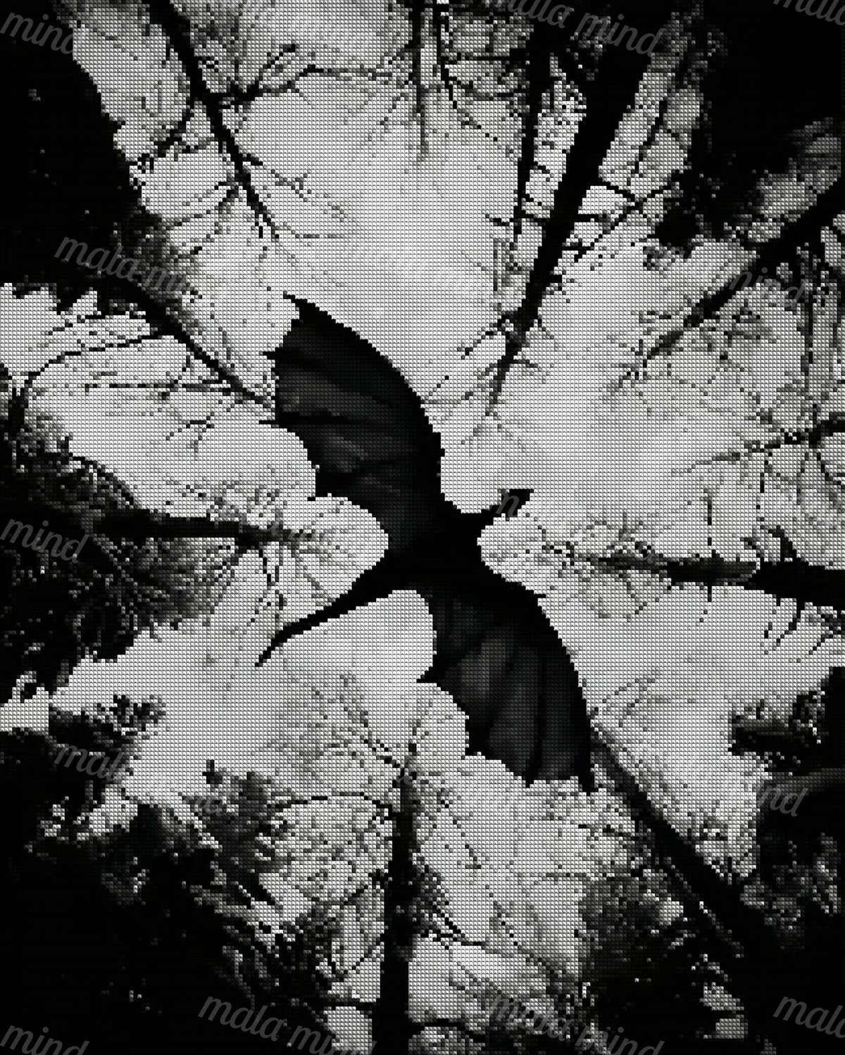 Black bird flying through a dense forest canopy against a pale sky — 04_diamond_render