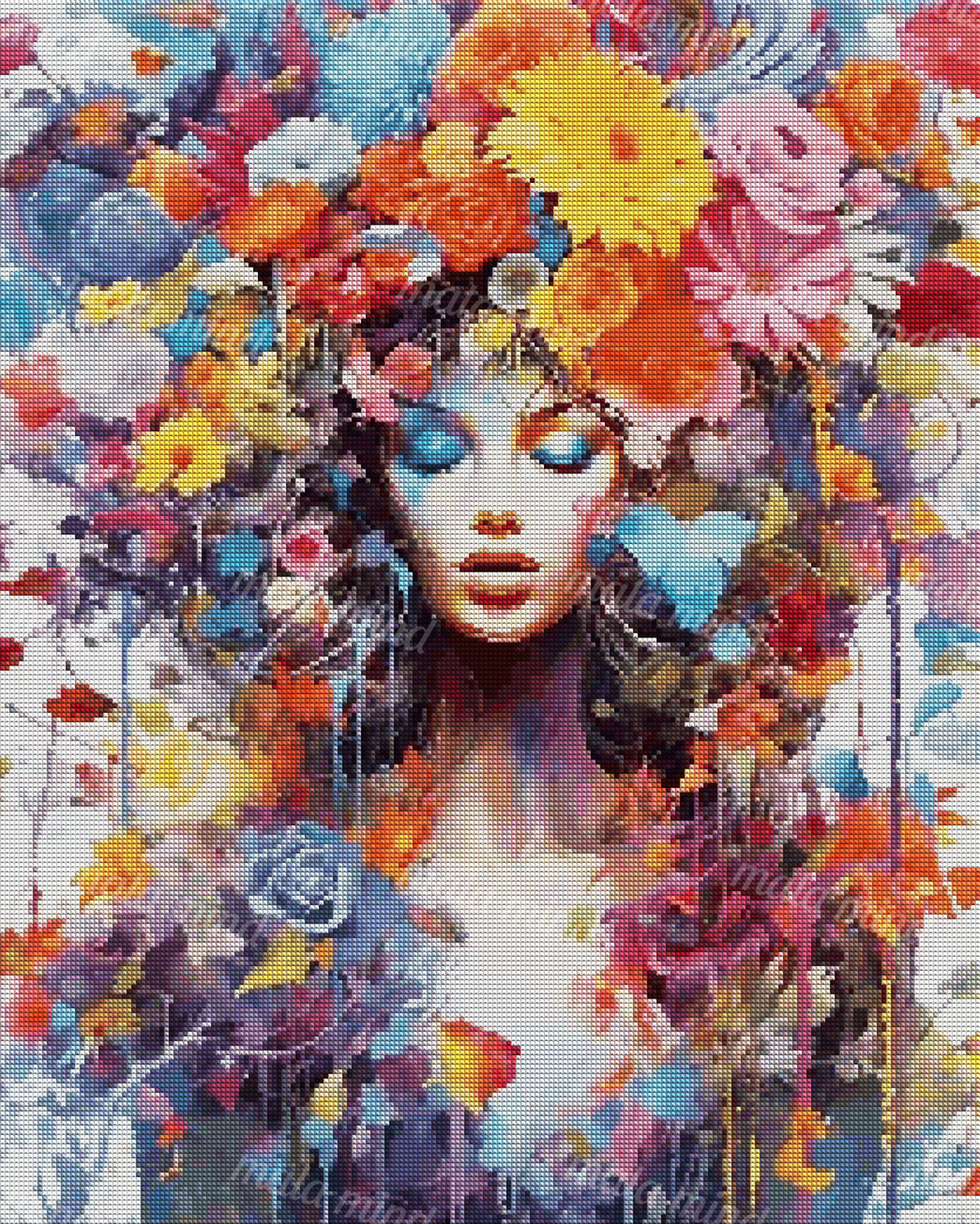 Woman with closed eyes surrounded by a dense, colorful floral arrangement and painterly drips — 04_diamond_render