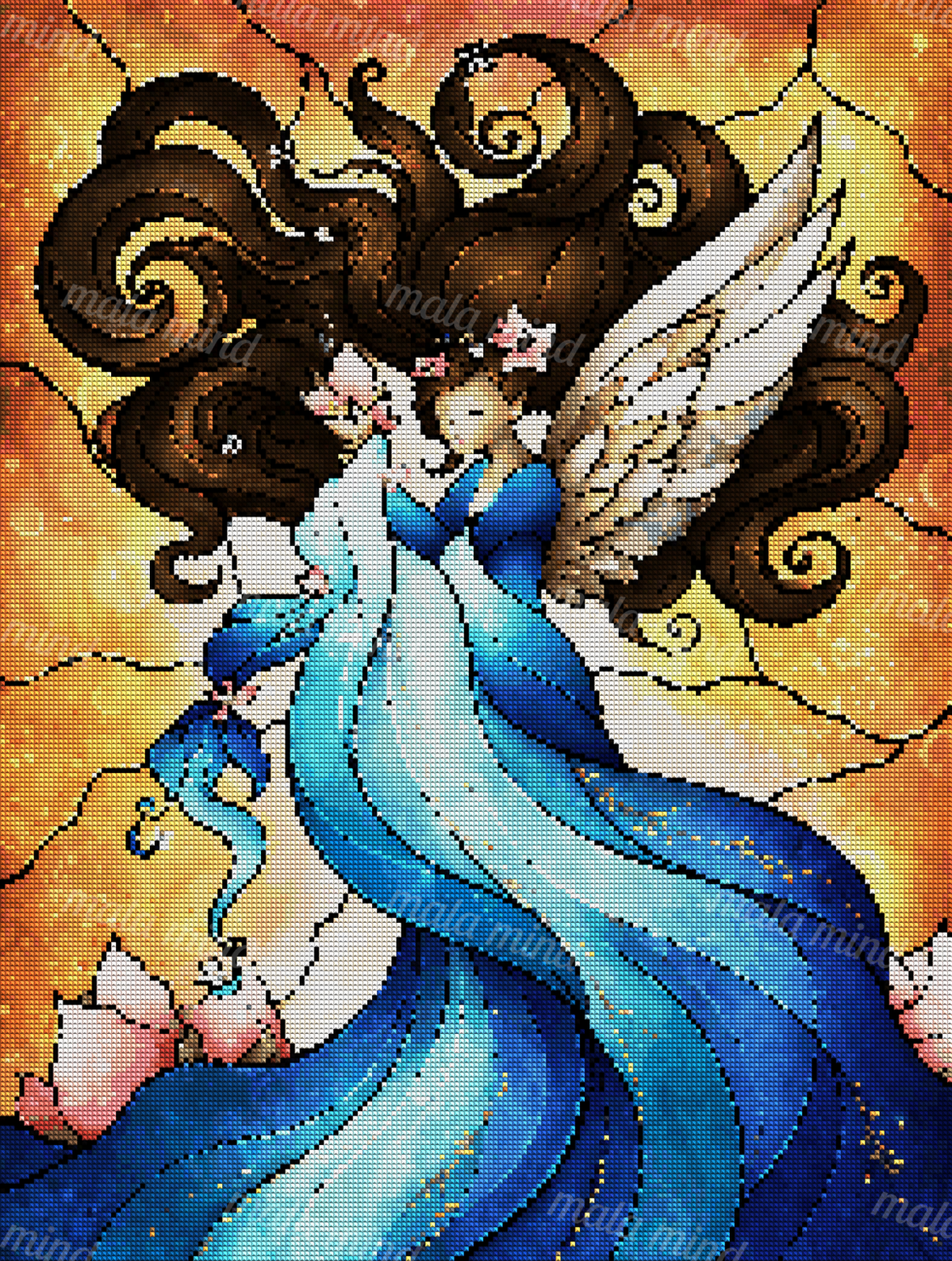 Winged woman in a flowing blue dress with white wings, pink flowers, and a glowing orange background — 04_diamond_render