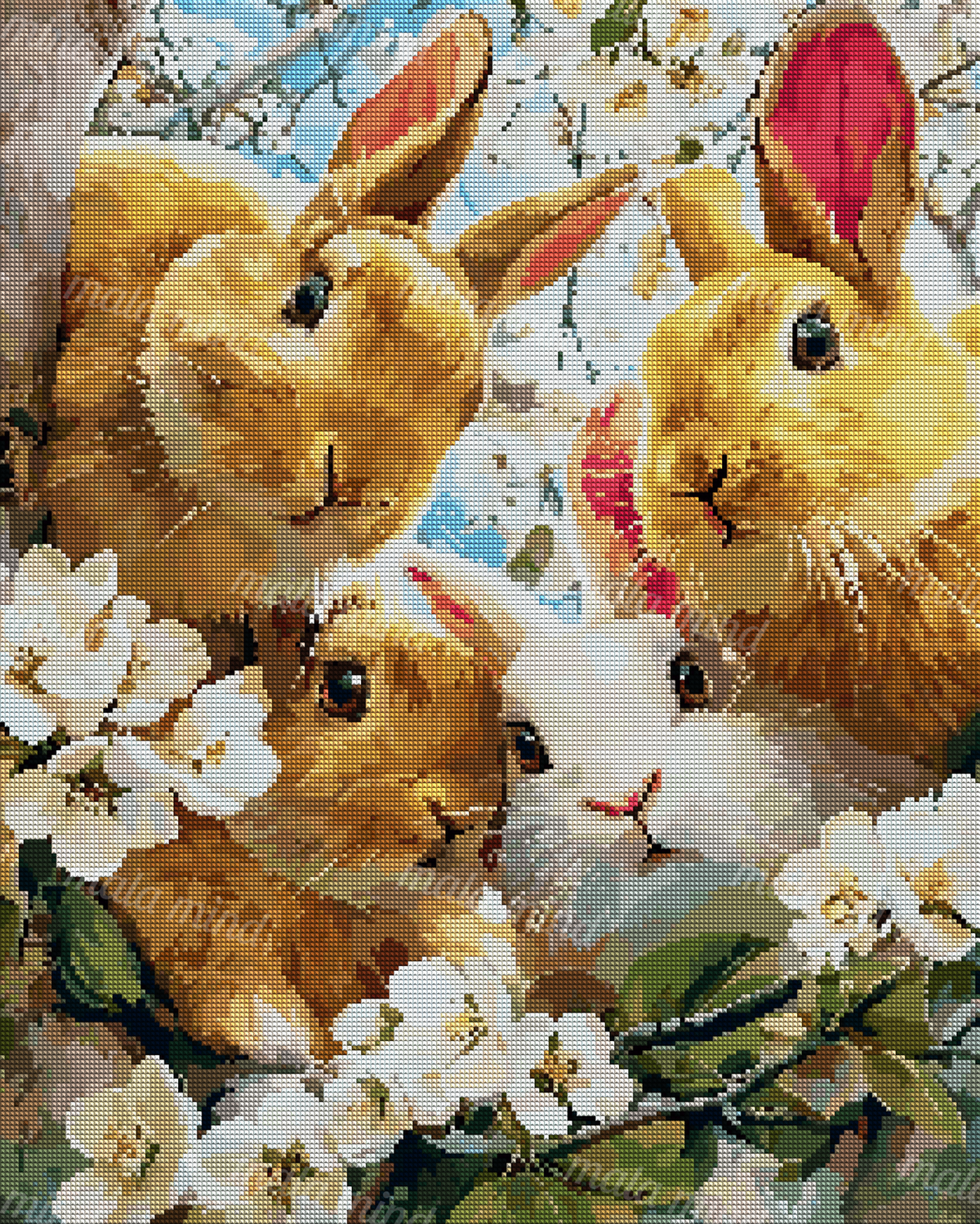 Four rabbits nestled among white blossoms and green branches beneath a pale blue sky — 04_diamond_render