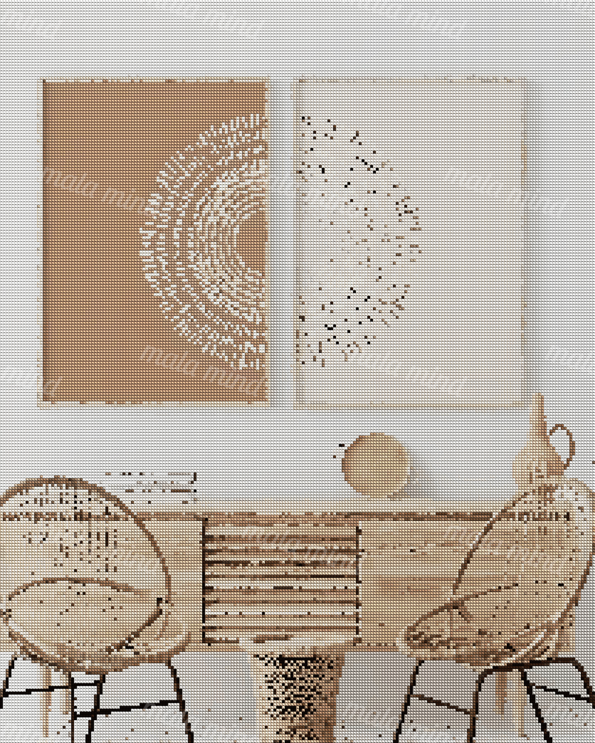 Abstract geometric wall art with concentric dashed arcs above a wooden sideboard and woven chairs — 04_diamond_render