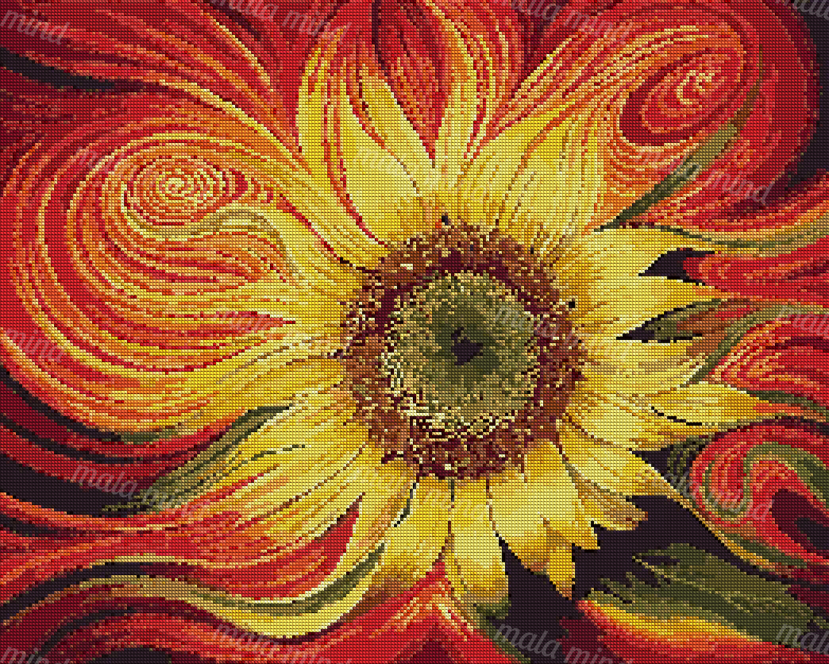 Stylized sunflower with yellow petals and swirling red, orange, green, and black abstract patterns — 04_diamond_render