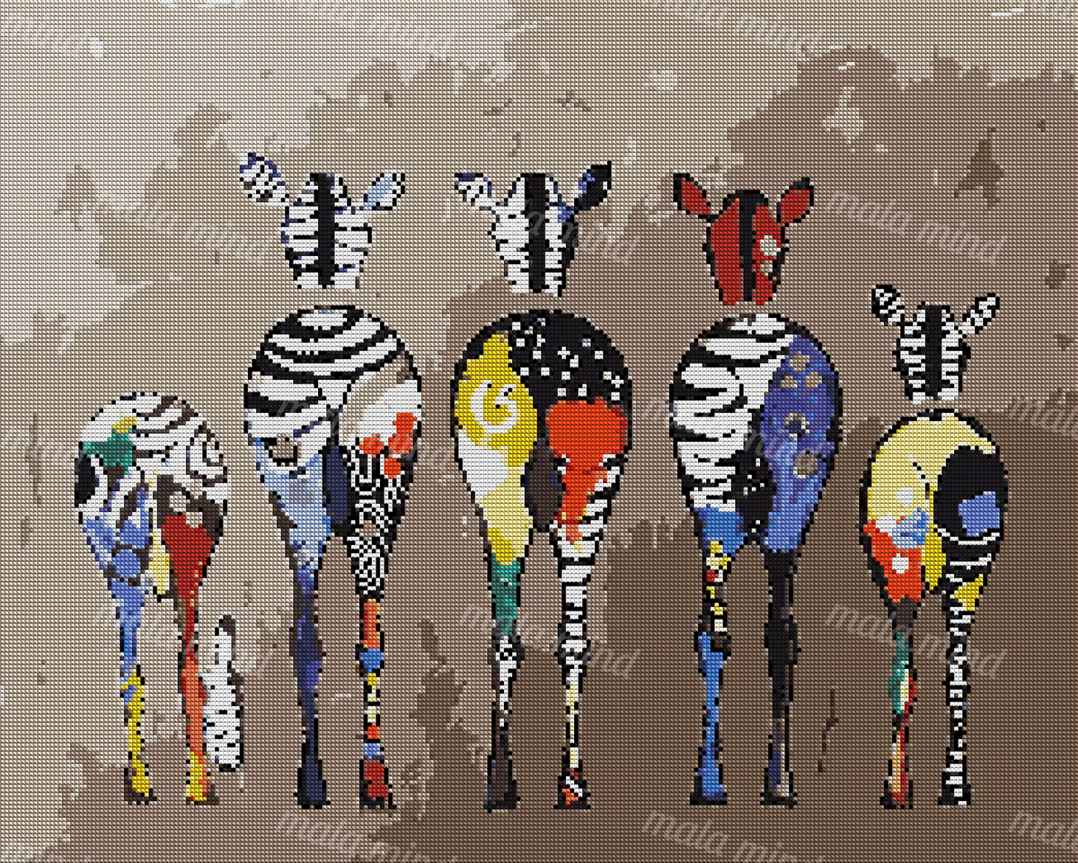 Abstract group of zebras with black-and-white stripes and colorful patterned bodies on a taupe background — 04_diamond_render