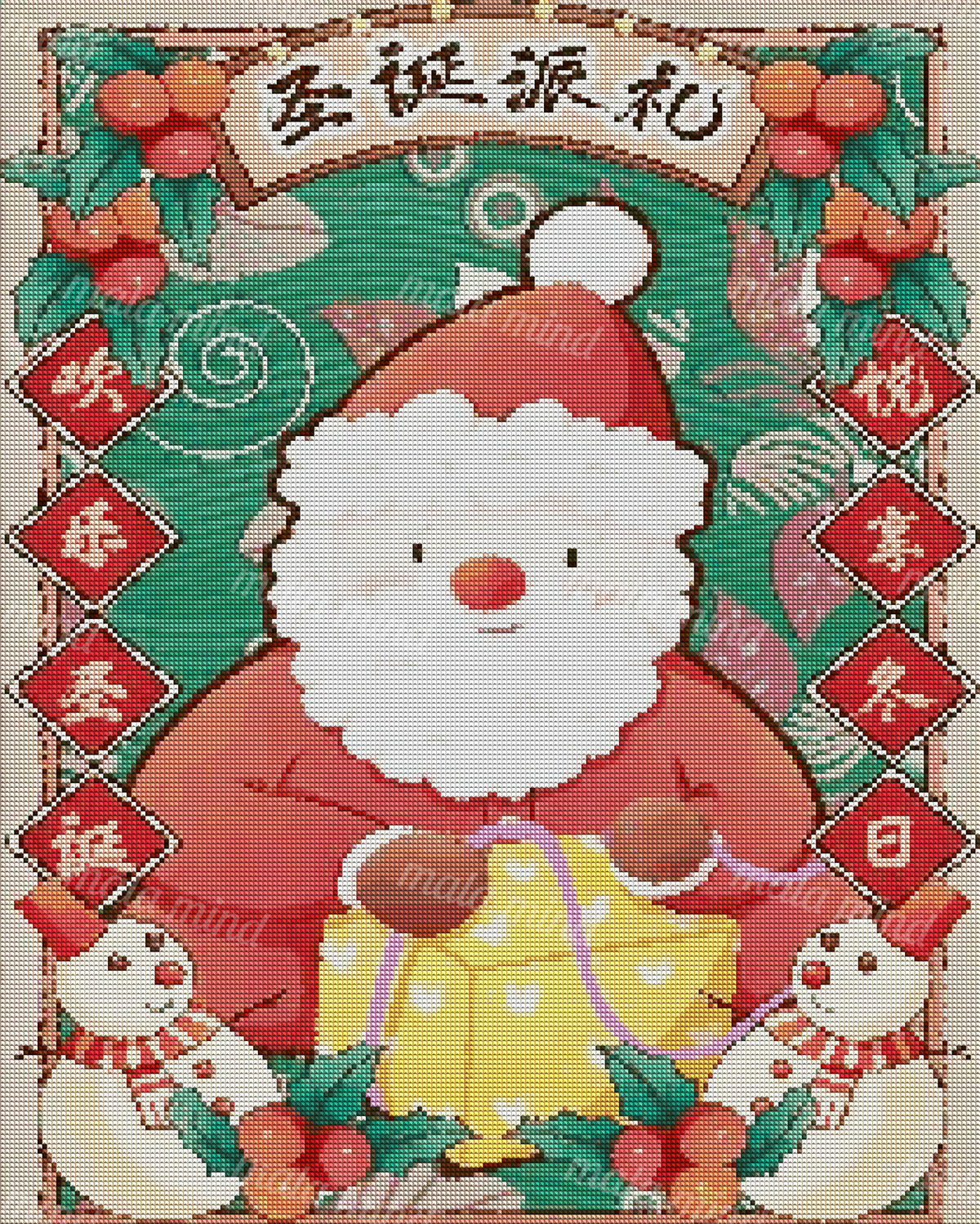 Cartoon Santa holding a yellow gift between two snowmen, framed by holly, berries, stars, and red plaques. — 04_diamond_render