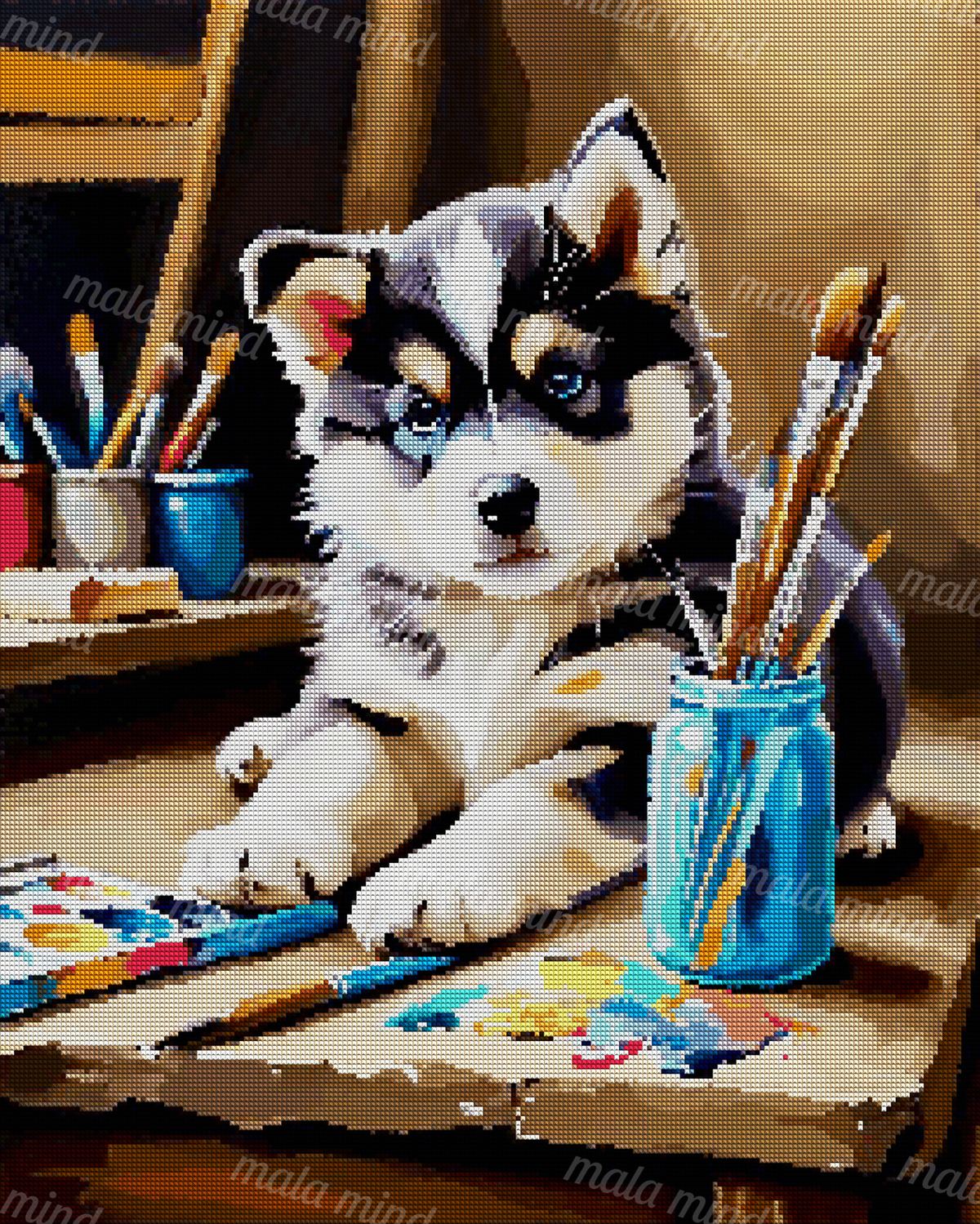 Black-and-white puppy with blue eyes at a paint-covered workspace — 04_diamond_render