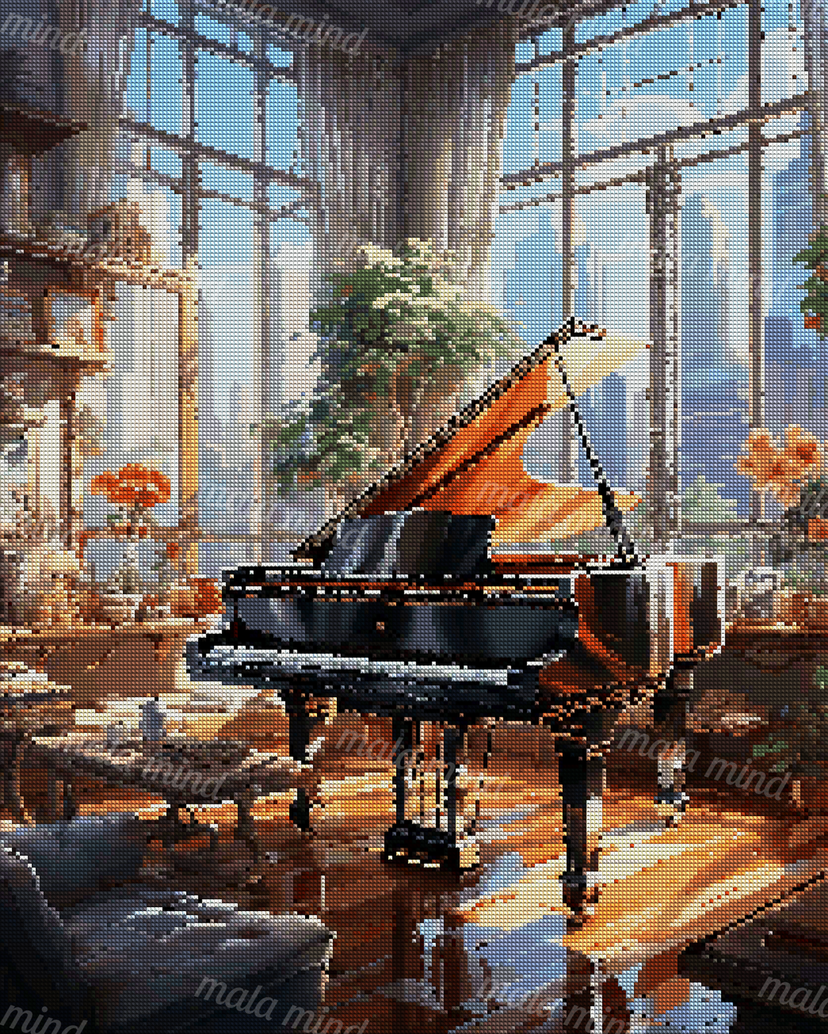 Glossy grand piano in a sunlit living room with tall windows, plants, flowers, and a city skyline — 04_diamond_render
