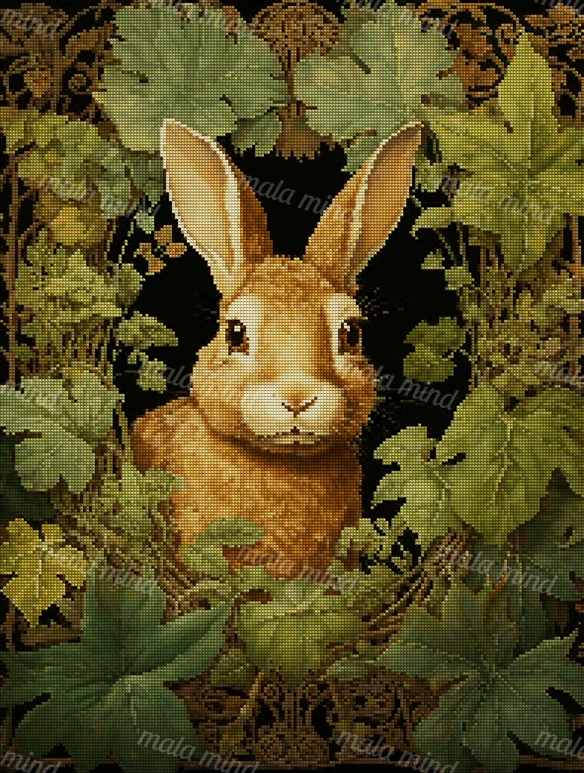 Brown rabbit portrait centered among layered green leaves and ornate botanical vines on a black background — 04_diamond_render