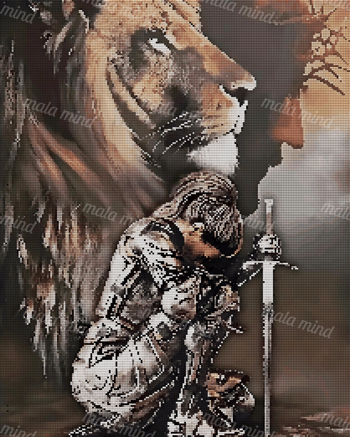 Profiled lion behind a kneeling armored figure holding a vertical sword — 04_diamond_render