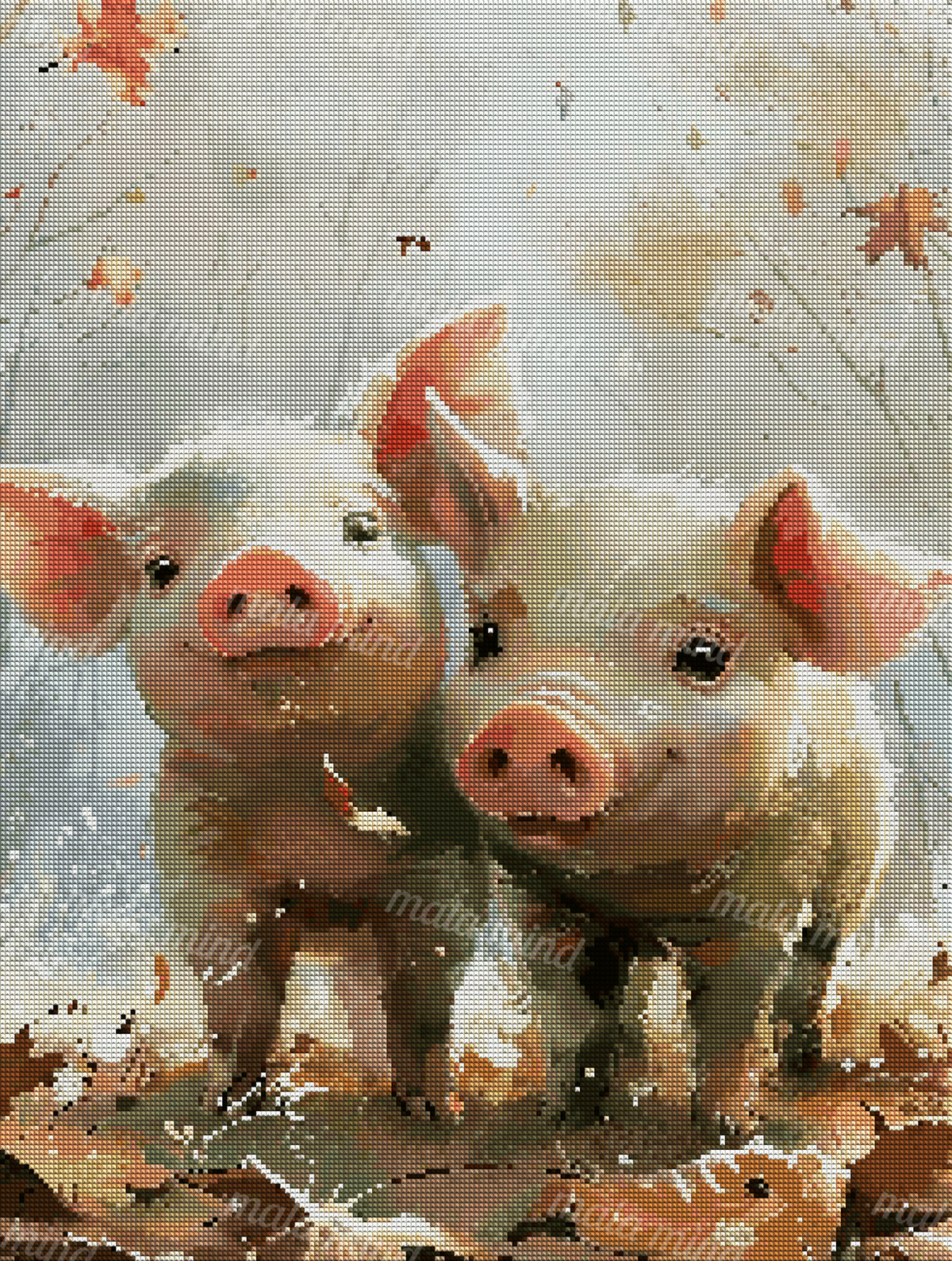 Two expressive piglets standing together among autumn leaves in a painterly woodland scene — 04_diamond_render