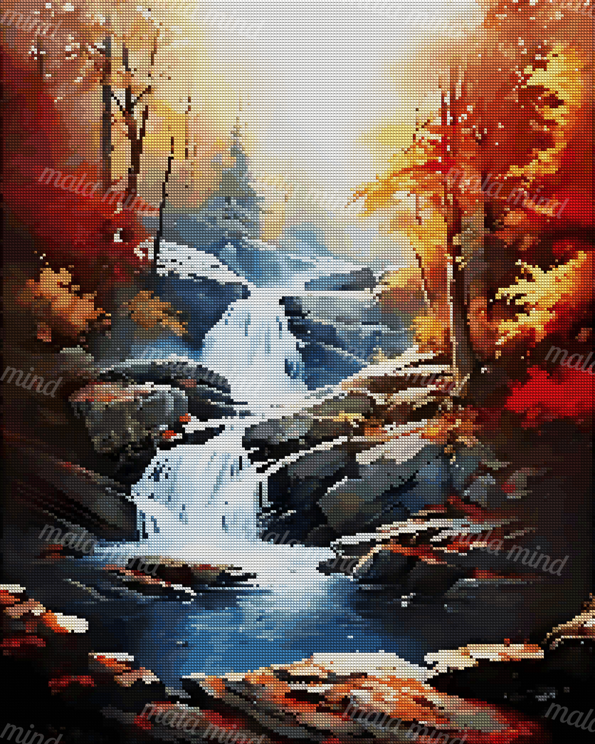 Stylized autumn forest with a tiered waterfall flowing over dark rocks into a blue pool. — 04_diamond_render