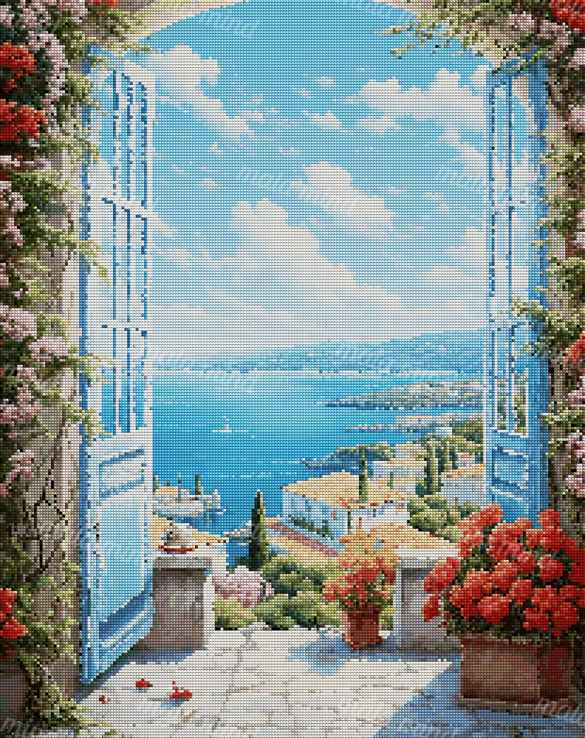 Blue-shuttered window framed by flowers overlooking a Mediterranean village, blue sea, hills, and boats — 04_diamond_render