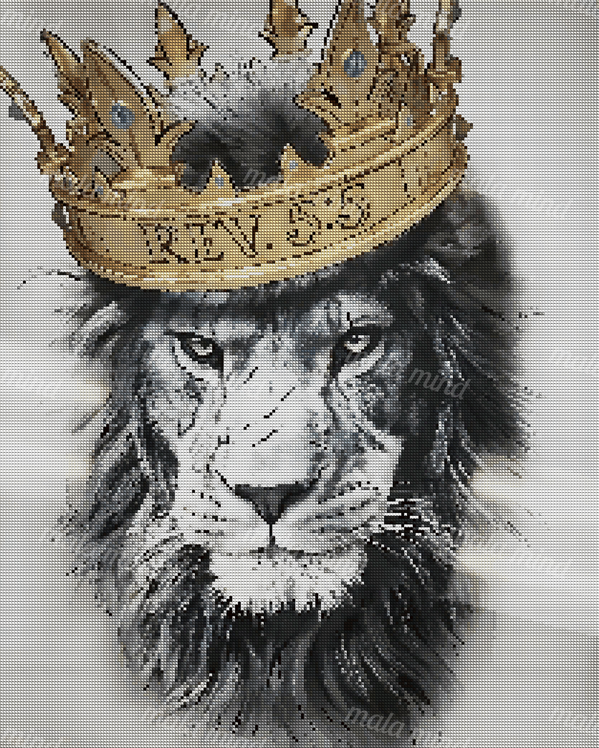 Frontal black-and-white lion wearing a gold crown with blue gemstones and REV.5:5 inscription — 04_diamond_render