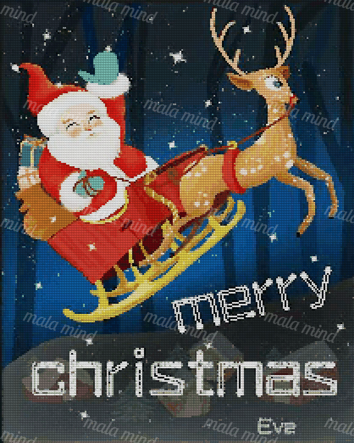 Cartoon Santa rides a red sleigh pulled by a reindeer across a starry Christmas night. — 04_diamond_render