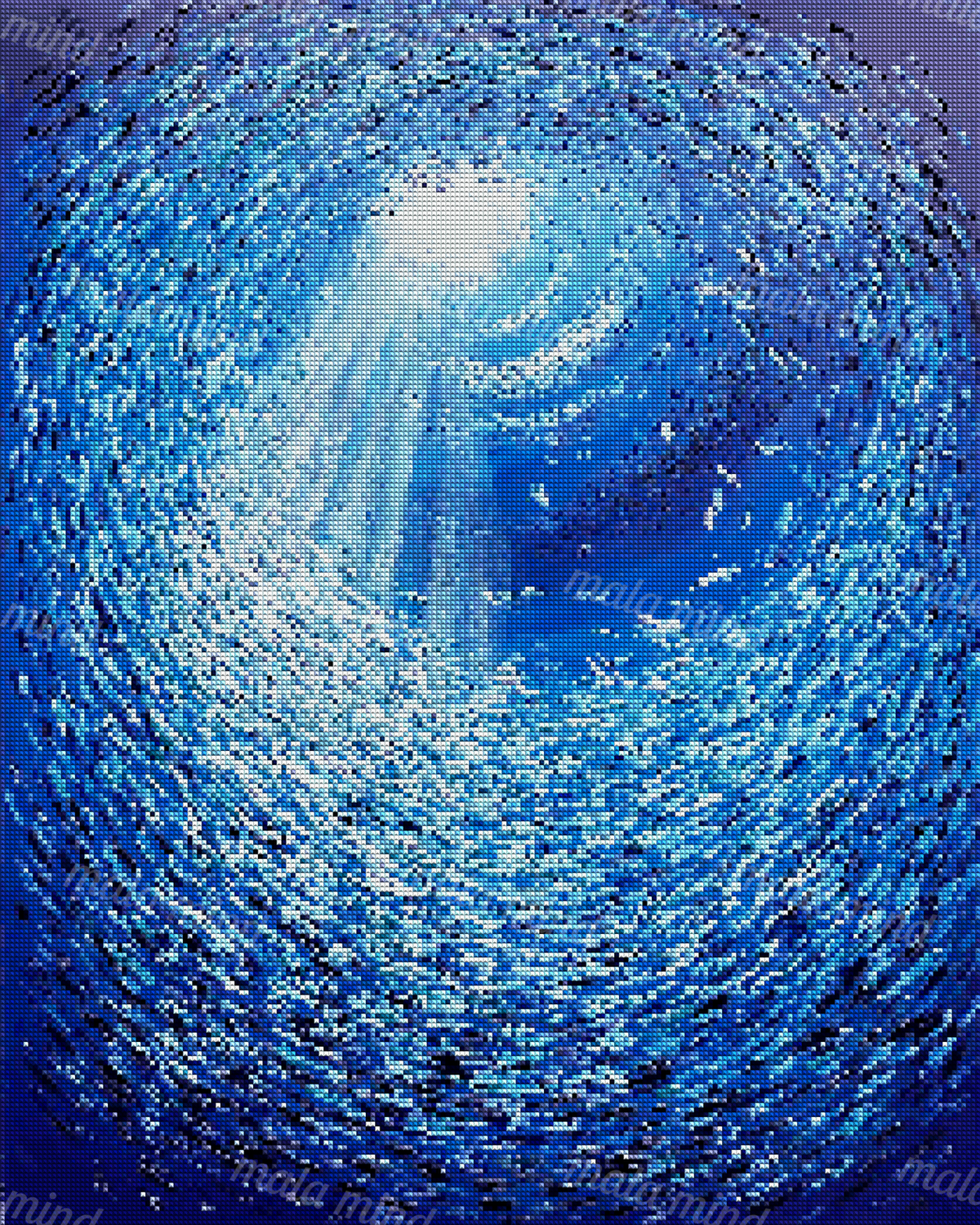 A swirling school of fish forms an underwater vortex around a bright opening with rays of light. — 04_diamond_render