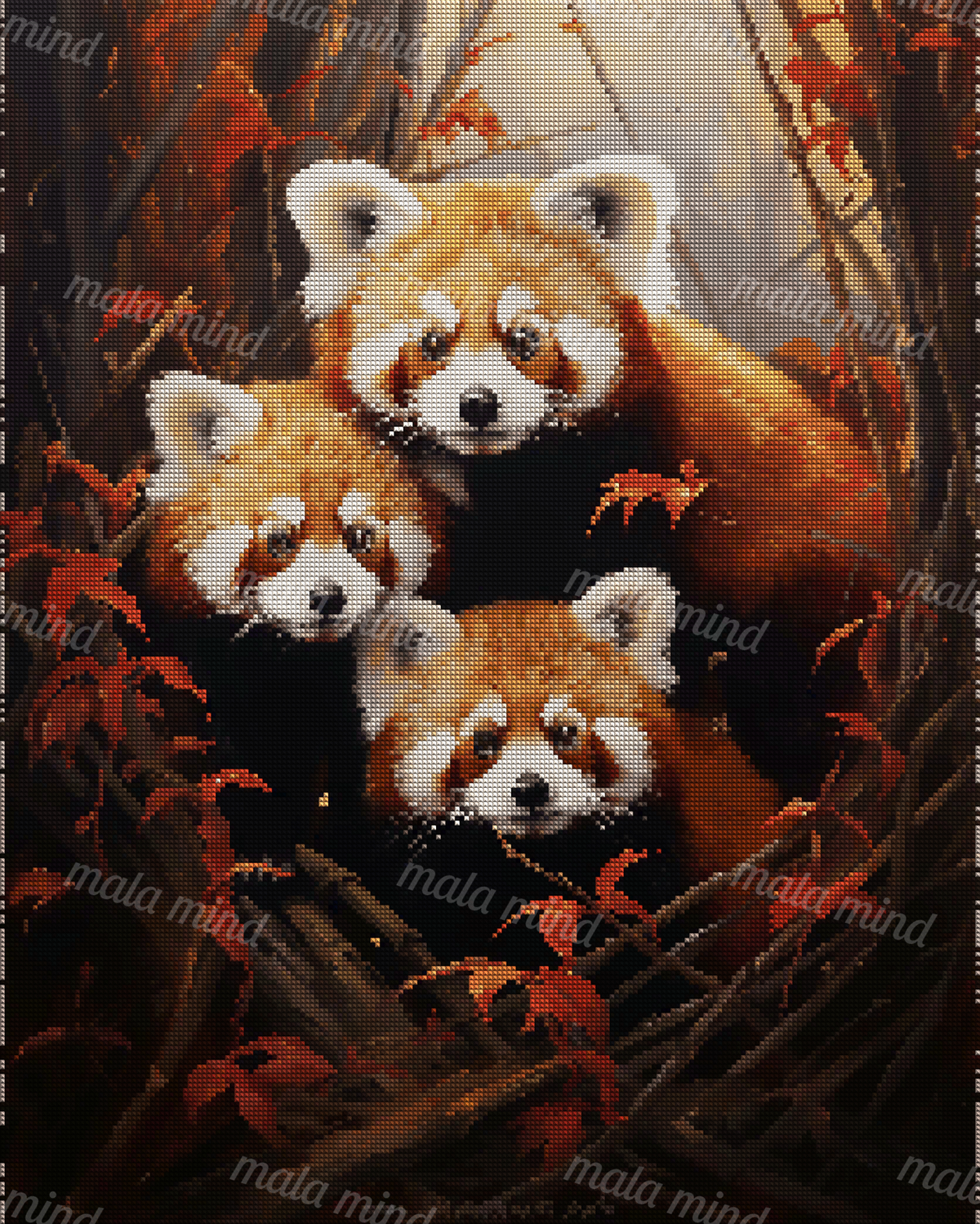 Three red pandas gathered among dark tree trunks and red autumn leaves — 04_diamond_render