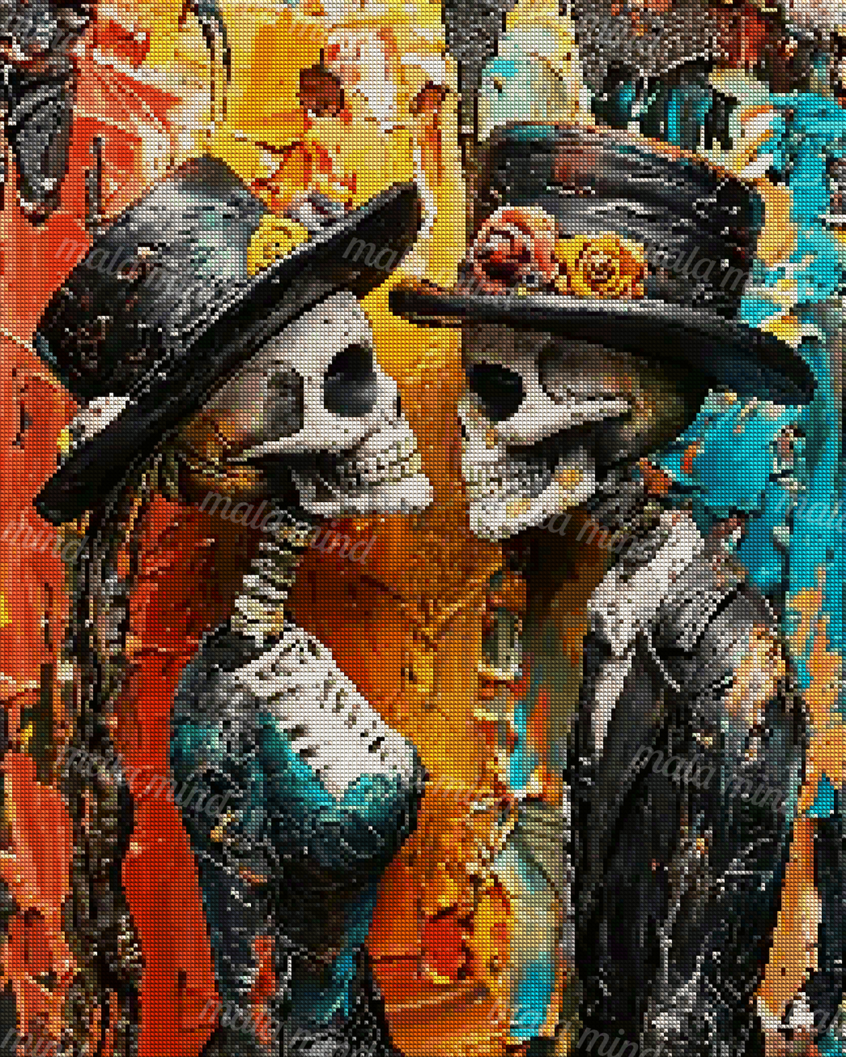Two skeletons in black top hats face each other against a vivid orange, red, turquoise, and teal background. — 04_diamond_render