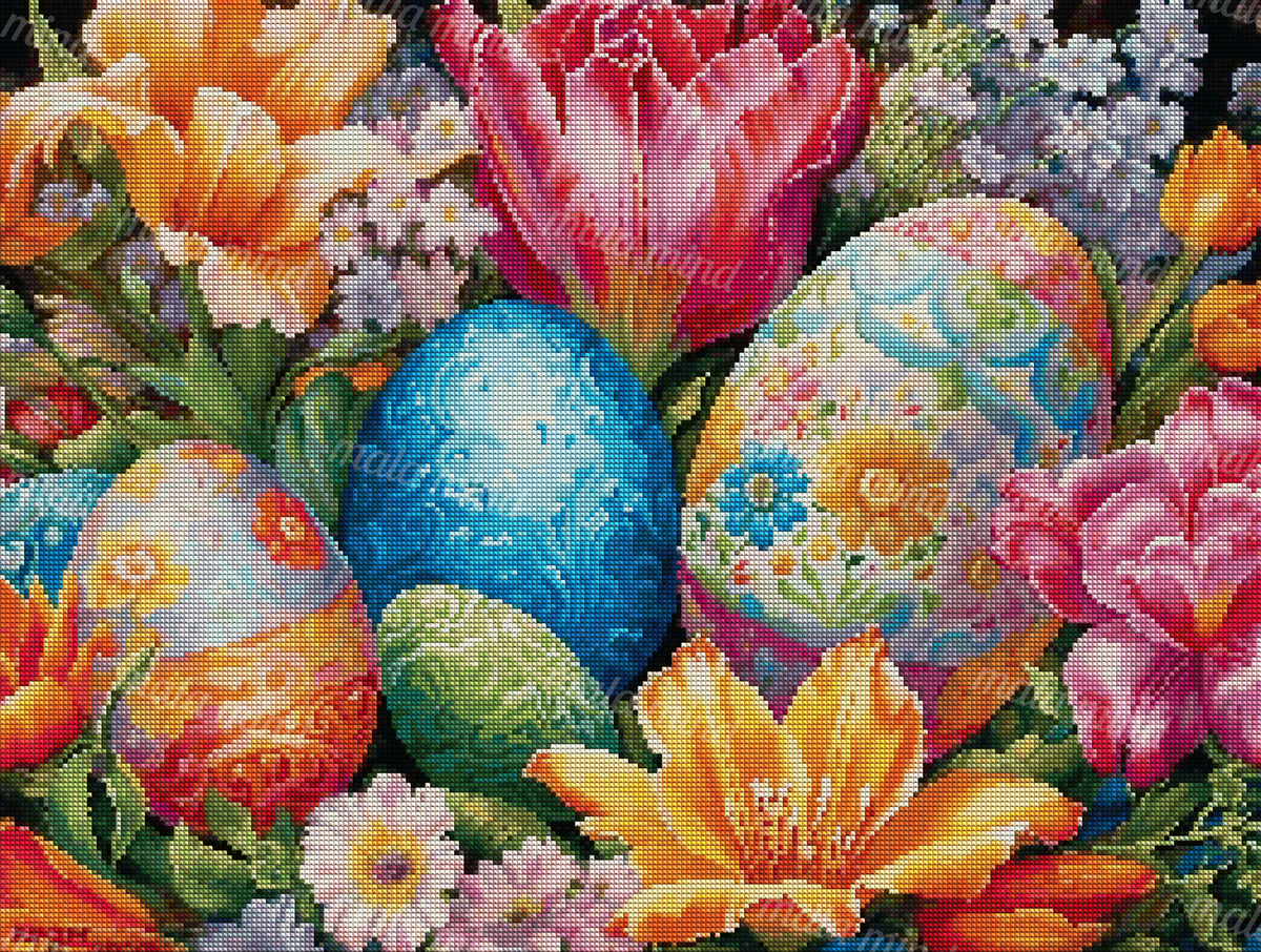Colorful decorated Easter eggs nestled among orange lilies, pink tulips, and purple flowers — 04_diamond_render