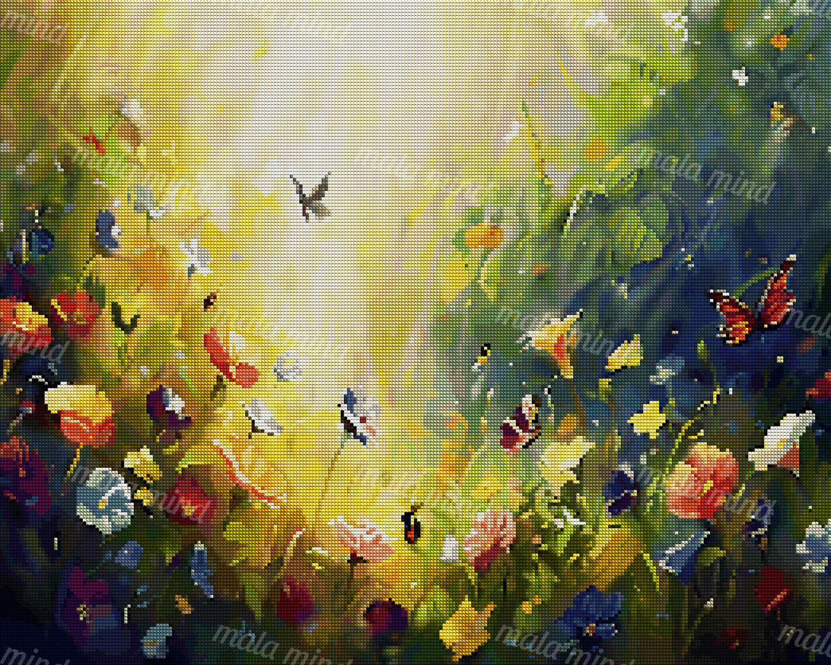 Colorful butterflies and wildflowers surround a bright shaft of sunlight in a lush garden. — 04_diamond_render