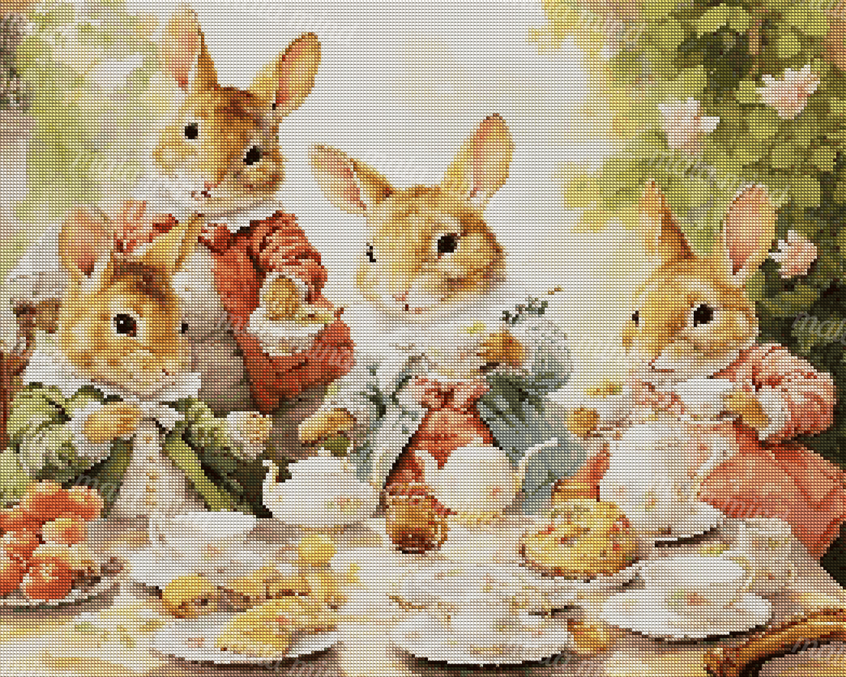 Four dressed rabbits enjoy a garden tea party with teapots, pastries, fruit, and flowers. — 04_diamond_render