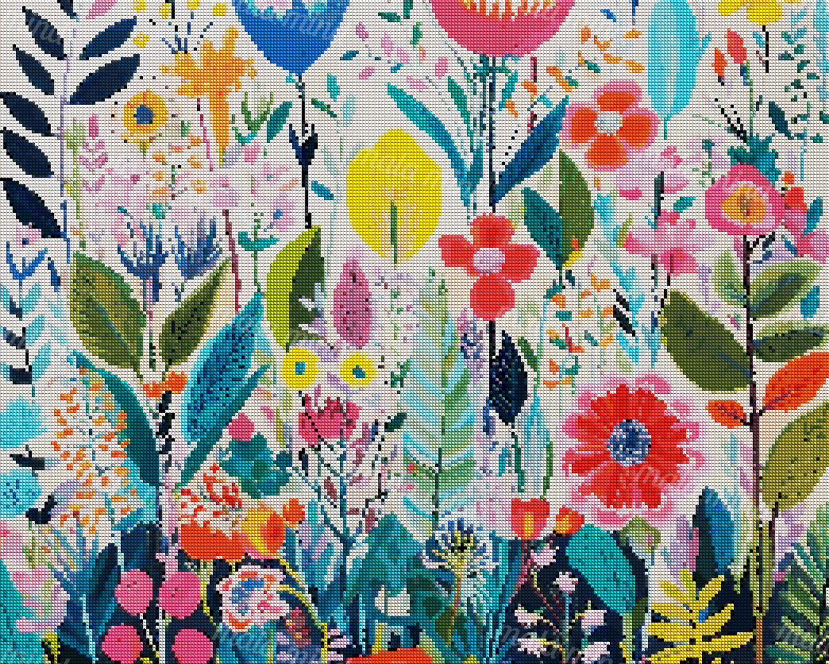 Colorful flat-style botanical garden filled with stylized flowers, leaves, stems, and seed heads — 04_diamond_render