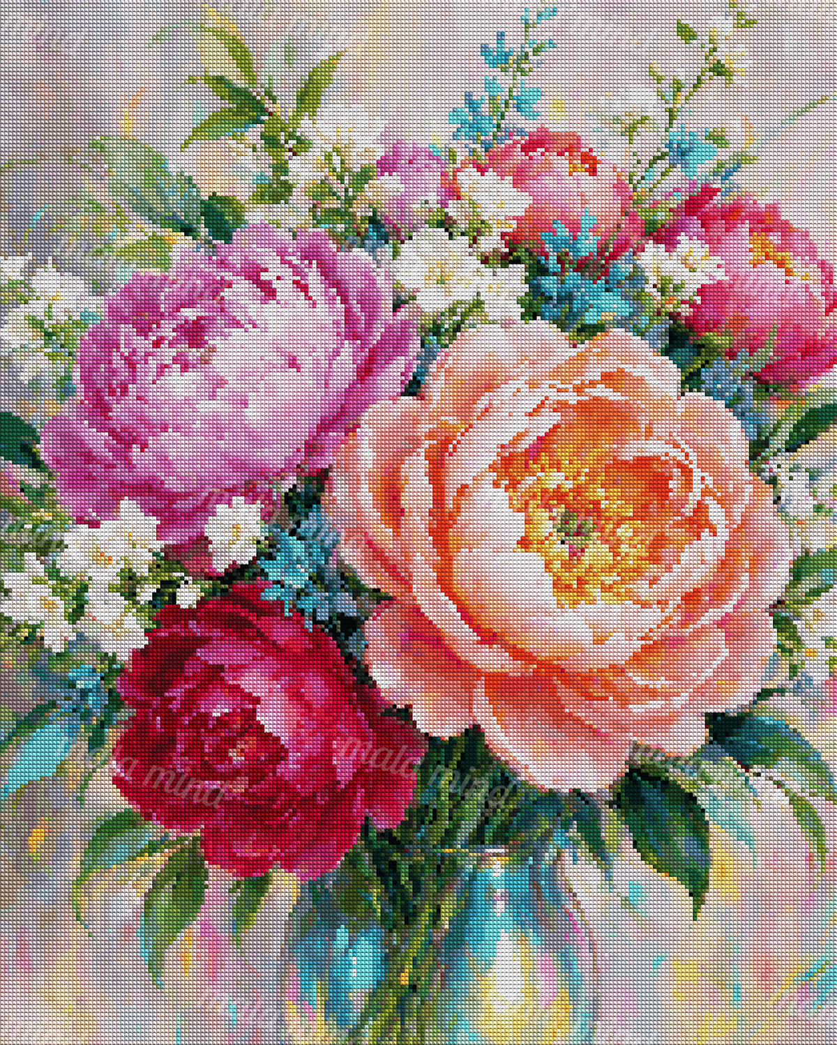 Colorful pink, coral, and red peonies with blue and white flowers in an iridescent glass vase — 04_diamond_render
