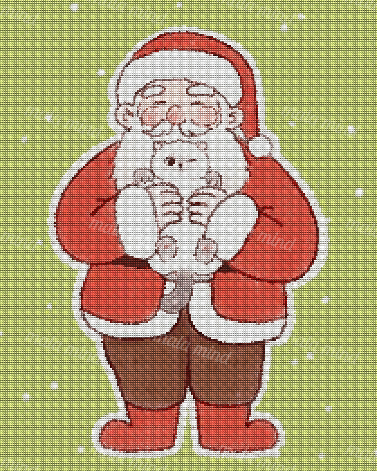 Cartoon Santa Claus holding a white cat against a muted green snowy background — 04_diamond_render