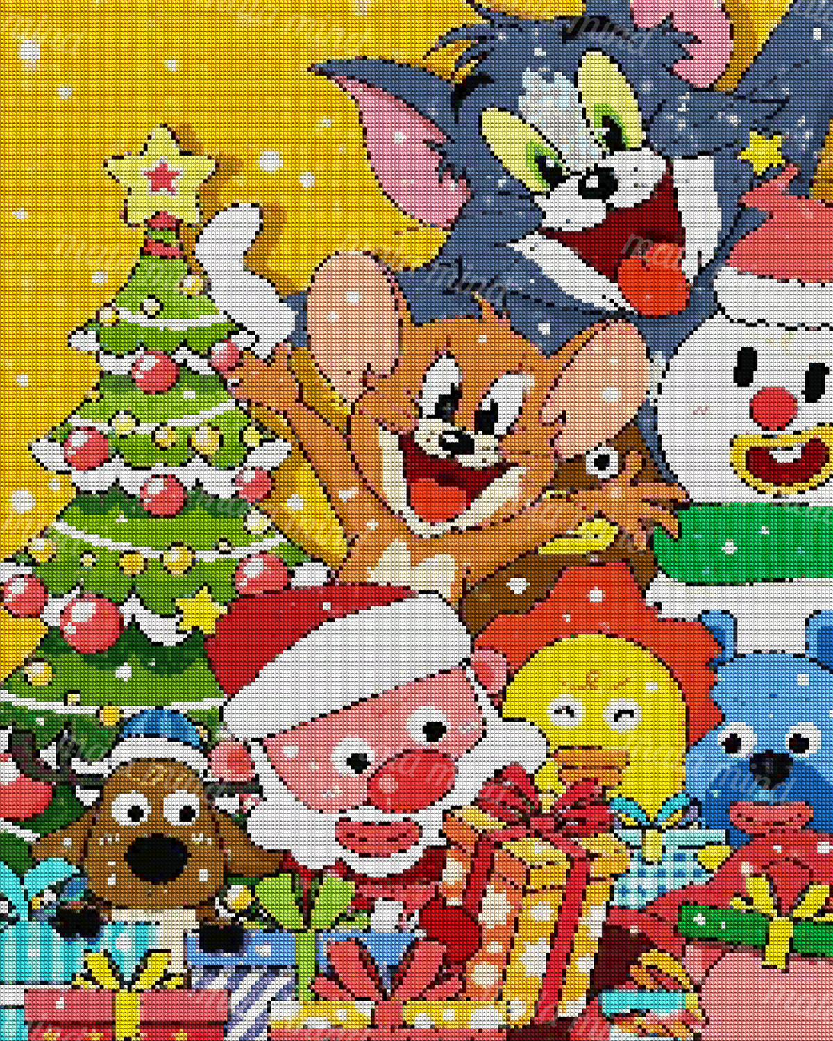 Colorful Christmas cartoon collage with Tom and Jerry, Santa, snowman, tree, animal characters, and wrapped gifts. — 04_diamond_render