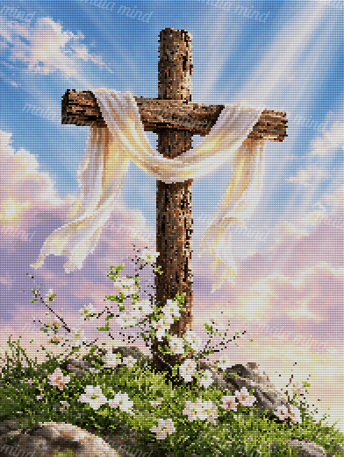 Wooden cross draped in white cloth above flowering grass beneath radiant blue and pink clouds — 04_diamond_render
