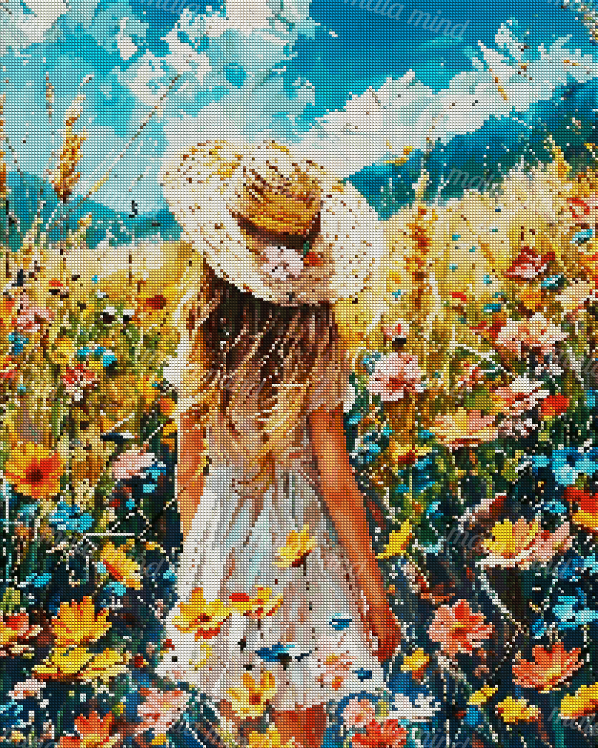 Back-facing girl in a white dress and straw hat standing in a colorful wildflower meadow — 04_diamond_render