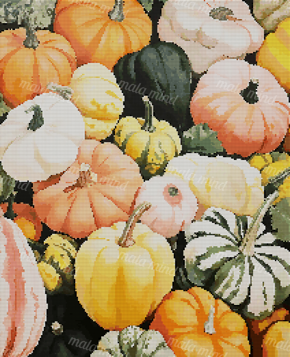 Watercolor-style arrangement of colorful pumpkins and striped gourds with stems and leafy foliage. — 04_diamond_render