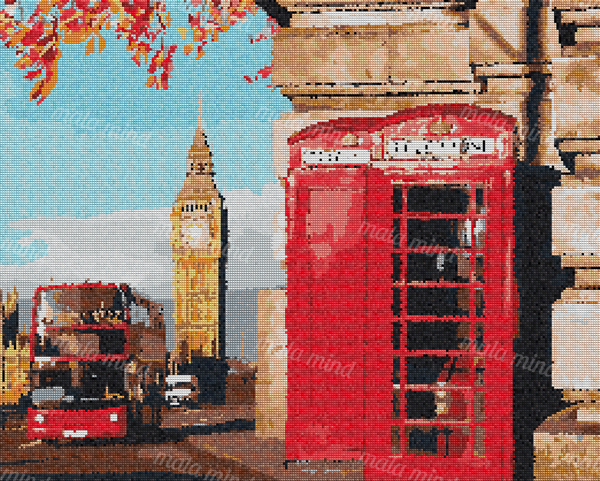 Stylized London street with a red telephone booth, Big Ben, and a red double-decker bus — 04_diamond_render