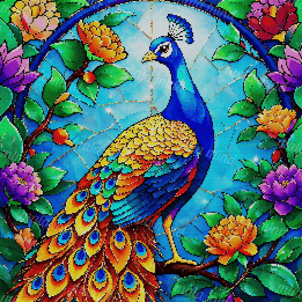 Colorful blue peacock with a patterned tail among flowers in a blue stained-glass design. — 04_diamond_render