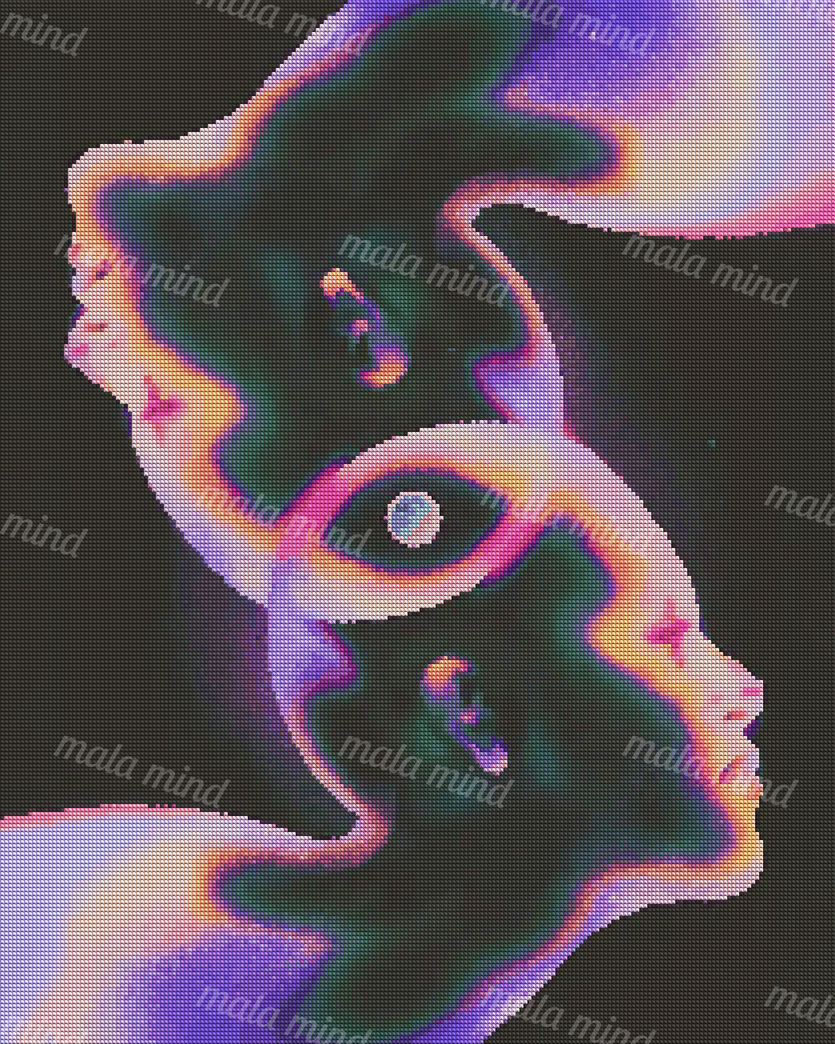 Neon surreal artwork showing two intertwined human profiles around a glowing central eye. — 04_diamond_render