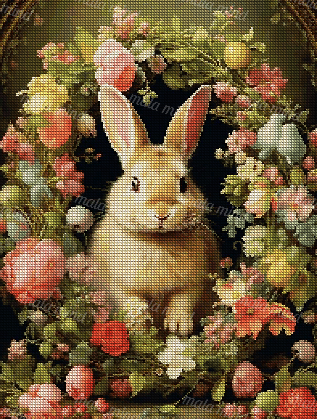 Tan rabbit surrounded by colorful flowers and green foliage on a dark background. — 04_diamond_render