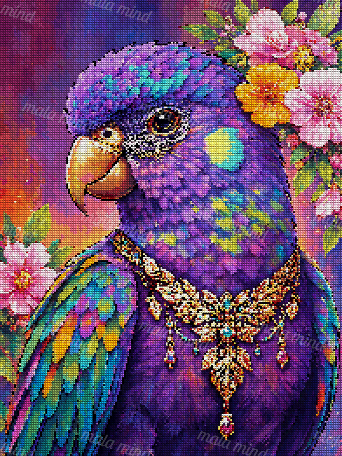 Ornate purple-blue bird with gold jewelry, colorful feathers, and pink and orange flowers — 04_diamond_render