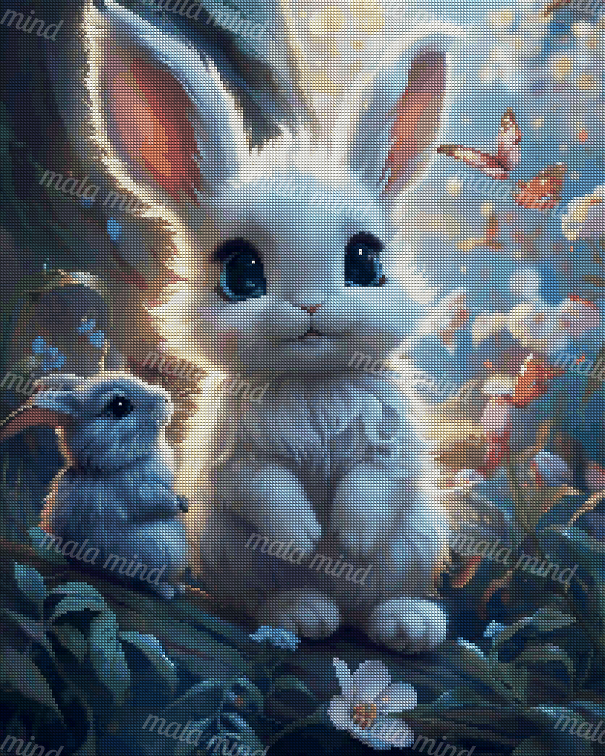 White and blue-gray rabbits surrounded by flowers, leaves, butterflies, and woodland light — 04_diamond_render